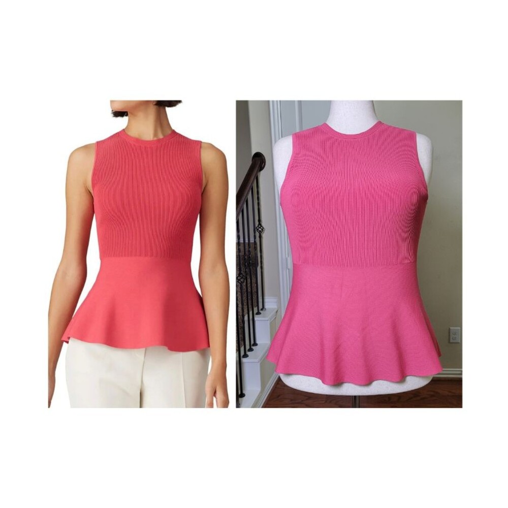 THEORY Peplum Top Coral Women L Stretch Ribbed Knit Sleeveless Casual Office
